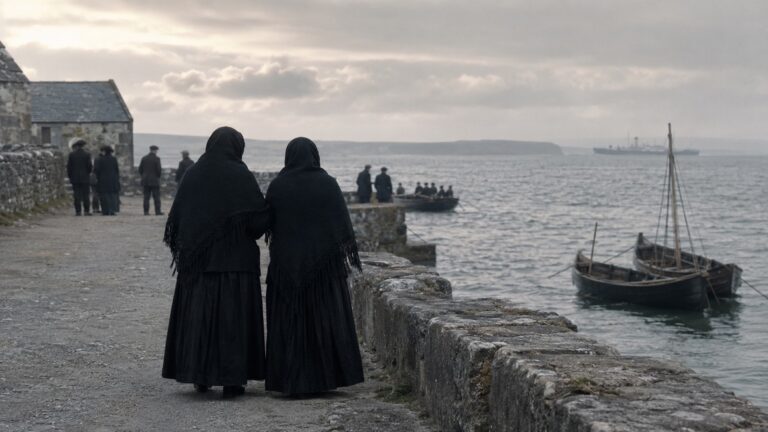 Two women in black shawls on an Irish quay — the dignity of sorrow