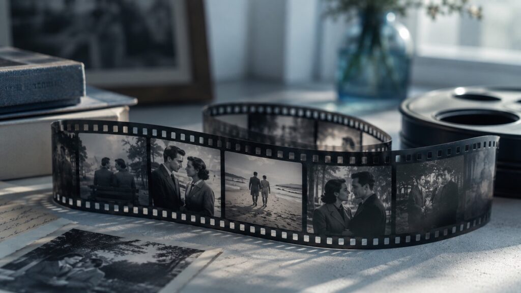 A vintage film strip with black and white photographs — The Way We Were, a reflection by The Irish Chaplain on memories