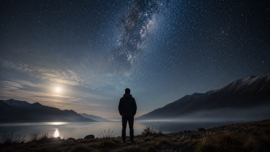 A person standing under a vast night sky — a reflection on faith and human dignity