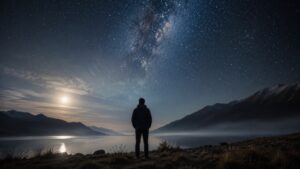 A person standing under a vast night sky — a reflection on faith and human dignity